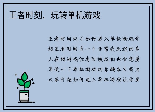 王者时刻，玩转单机游戏